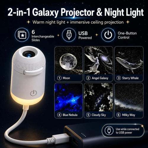 2-in-1 Galaxy Projector Night Light, USB Starry Sky Lamp with 6 Projection Slides & Flexible Neck for Bedroom Decor