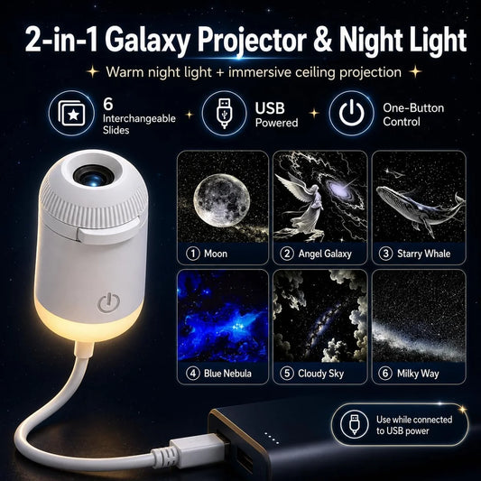 2-in-1 Galaxy Projector Night Light, USB Starry Sky Lamp with 6 Projection Slides & Flexible Neck for Bedroom Decor