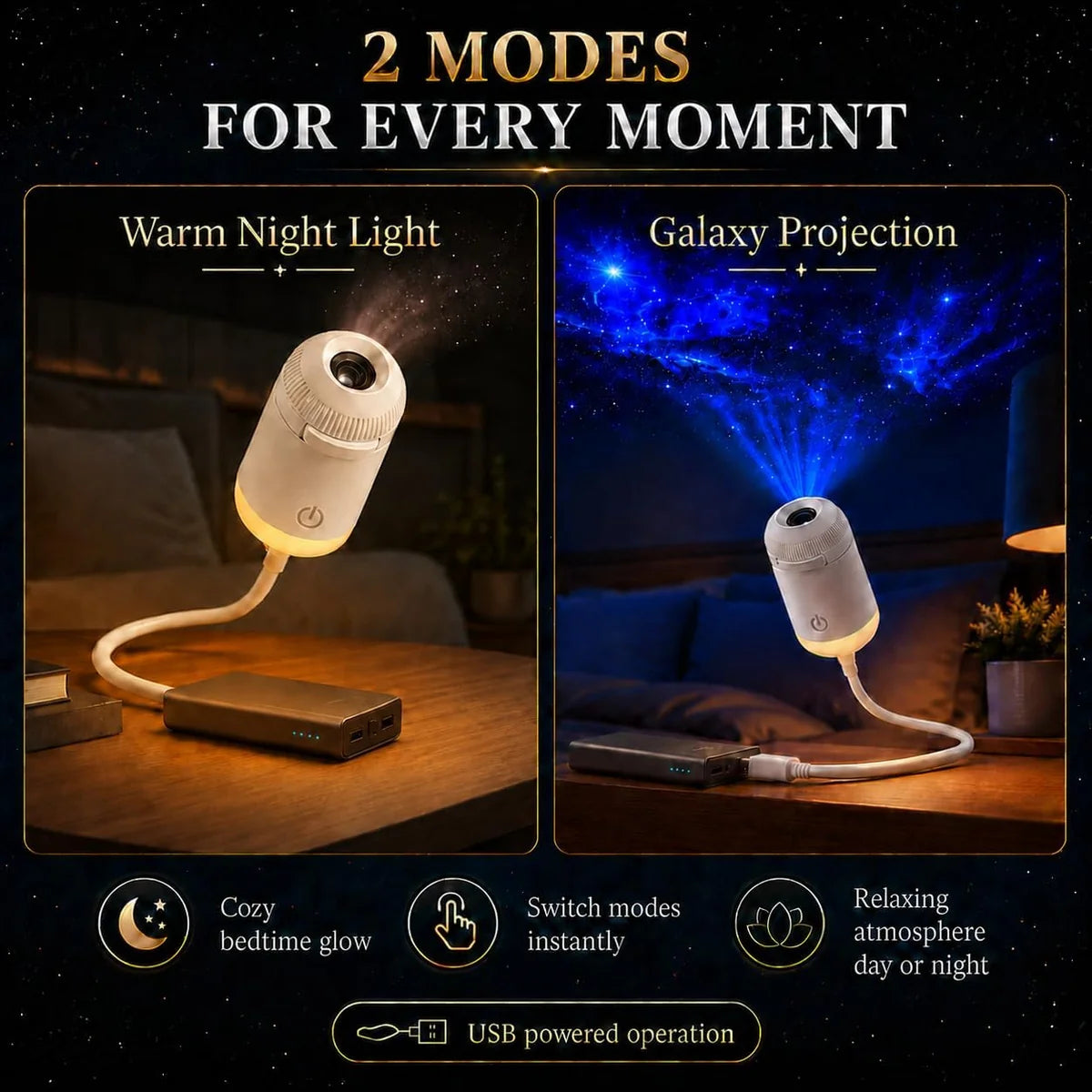 2-in-1 Galaxy Projector Night Light, USB Starry Sky Lamp with 6 Projection Slides & Flexible Neck for Bedroom Decor
