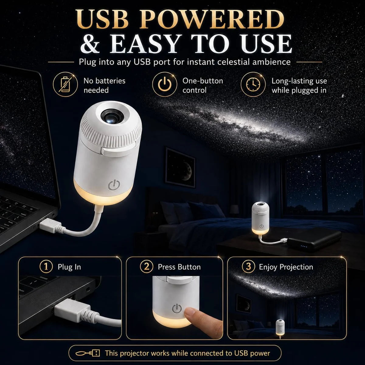 2-in-1 Galaxy Projector Night Light, USB Starry Sky Lamp with 6 Projection Slides & Flexible Neck for Bedroom Decor
